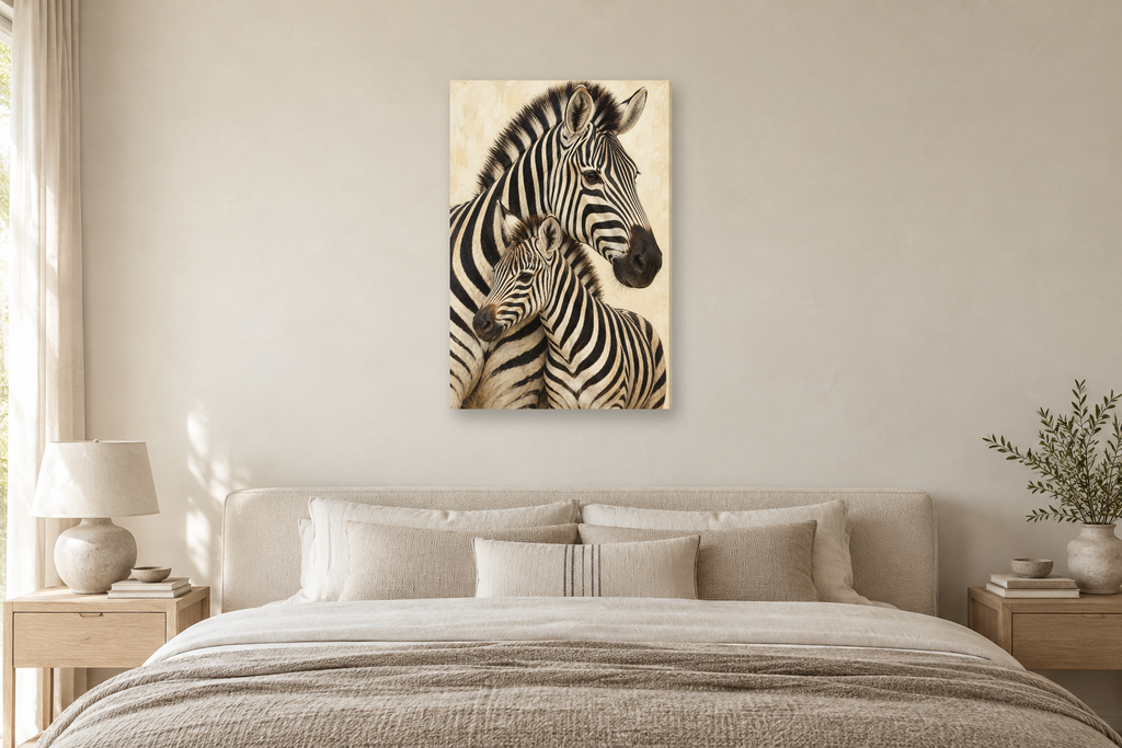 Zebra Rhythm in a bedroom — interior mockup with the complete original artwork