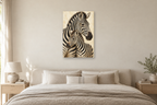 Zebra Rhythm in a bedroom — interior mockup with the complete original artwork
