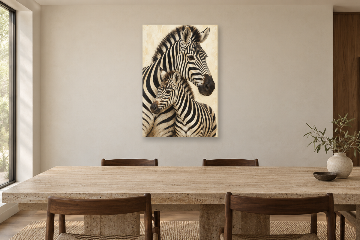 Zebra Rhythm in a dining room — interior mockup with the complete original artwork
