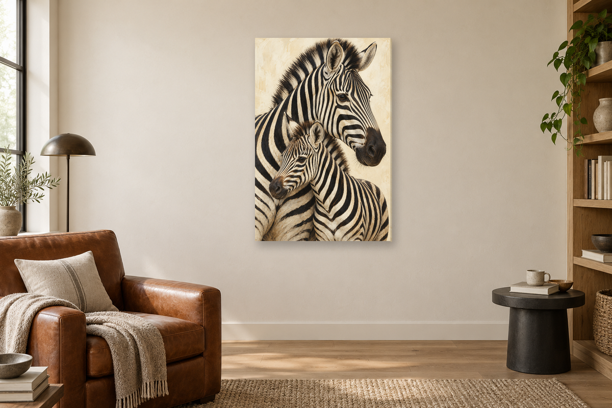 Zebra Rhythm in a reading corner — interior mockup with the complete original artwork