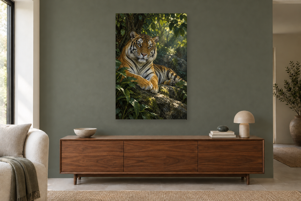 Tiger Stillness in a living room — interior mockup with the complete original artwork