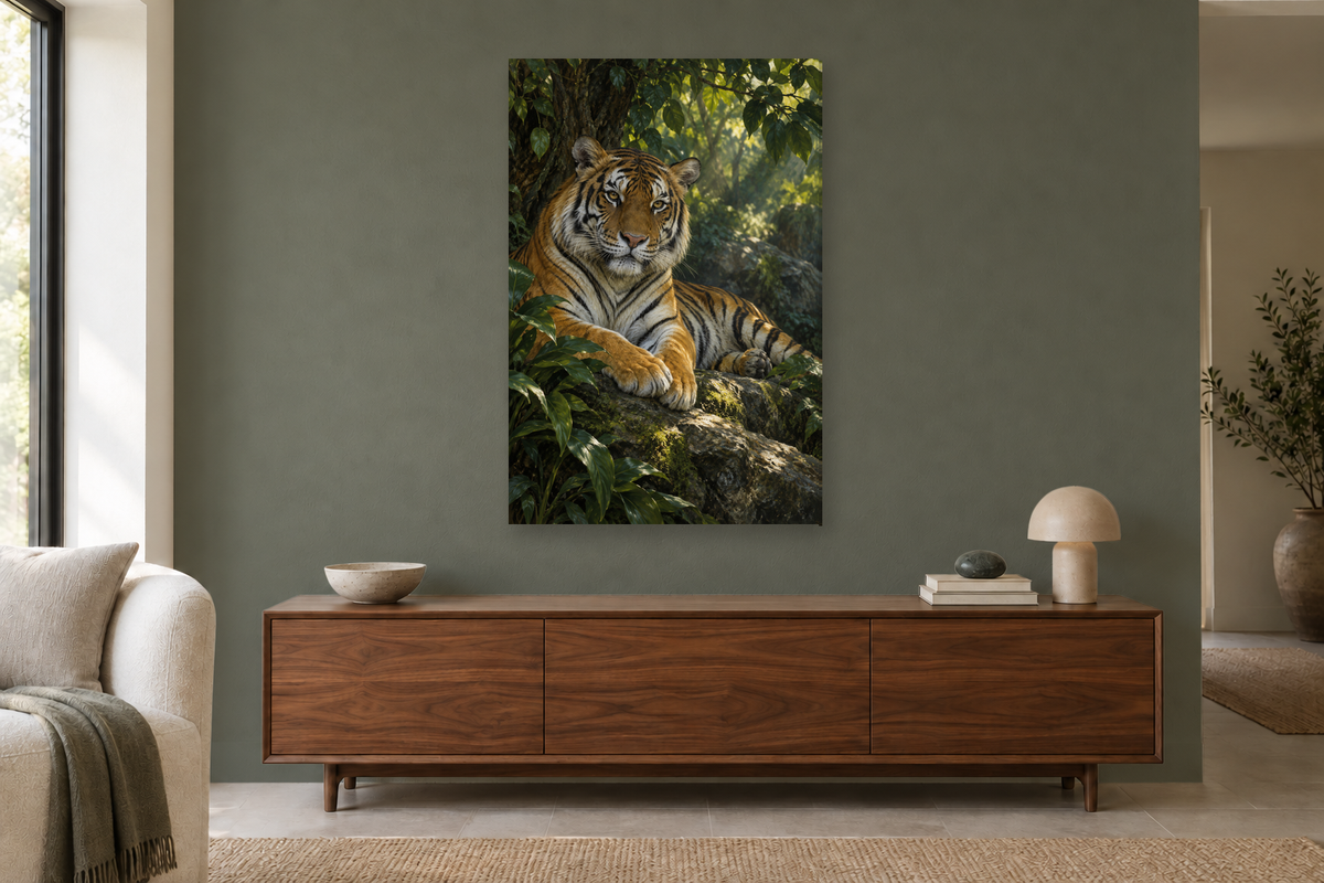 Tiger Stillness in a living room — interior mockup with the complete original artwork