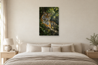 Tiger Stillness in a bedroom — interior mockup with the complete original artwork