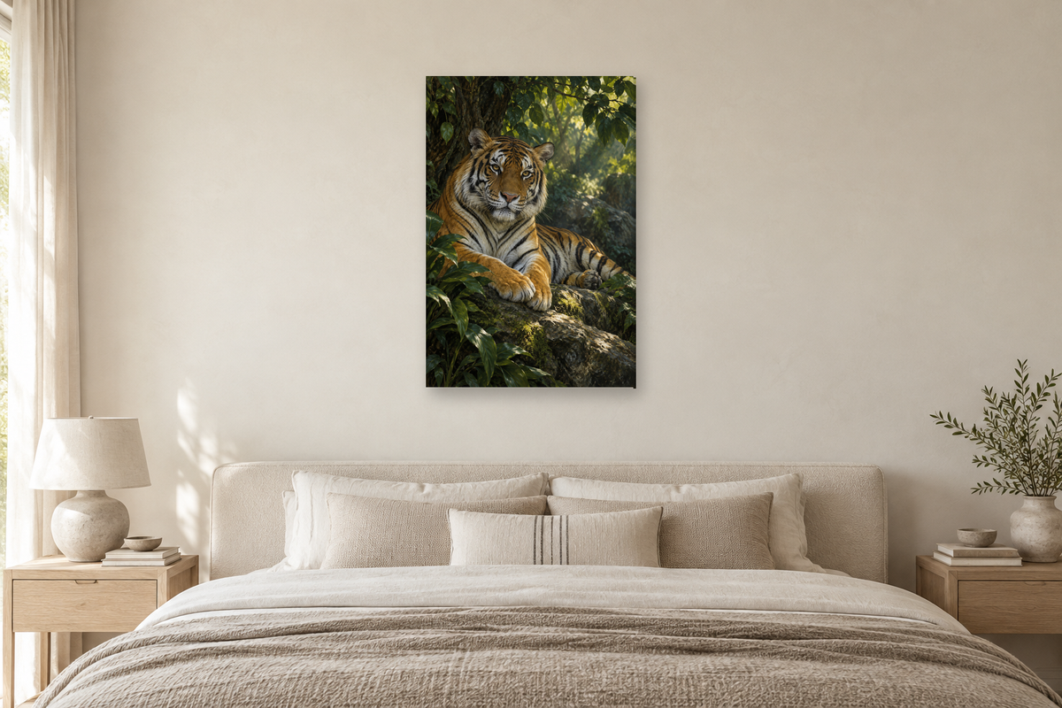 Tiger Stillness in a bedroom — interior mockup with the complete original artwork