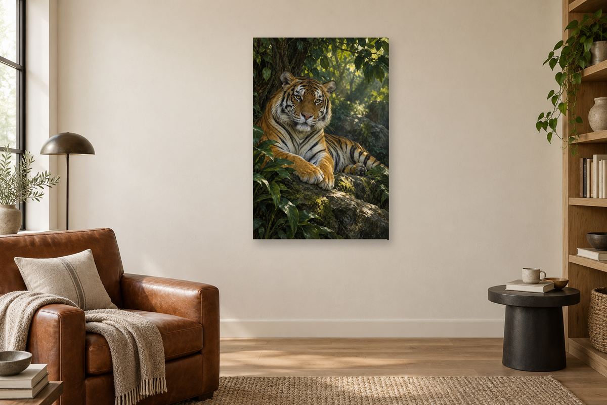 Tiger Stillness in a reading corner — interior mockup with the complete original artwork