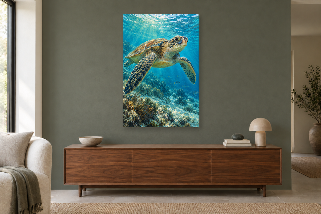 Sea Turtle in a living room — interior mockup with the complete original artwork