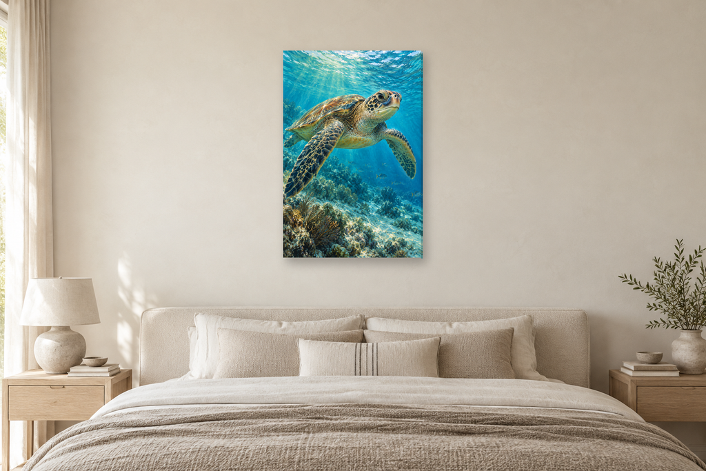 Sea Turtle in a bedroom — interior mockup with the complete original artwork