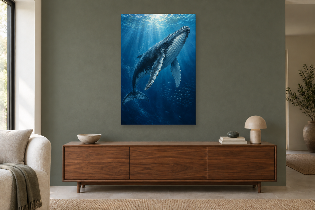 Whale Song in a living room — interior mockup with the complete original artwork