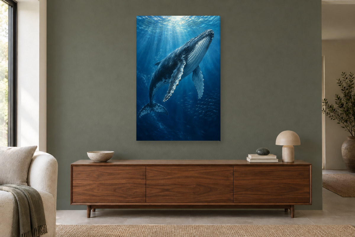Whale Song in a living room — interior mockup with the complete original artwork
