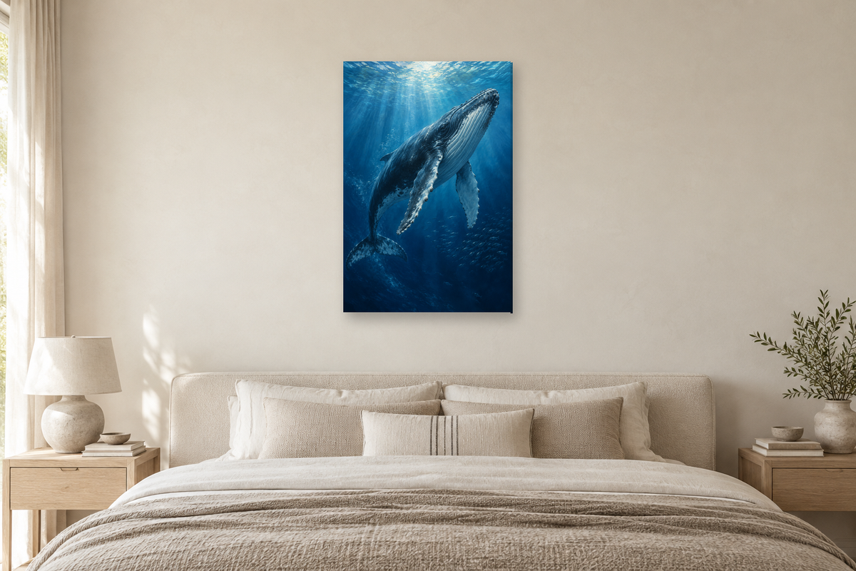 Whale Song in a bedroom — interior mockup with the complete original artwork