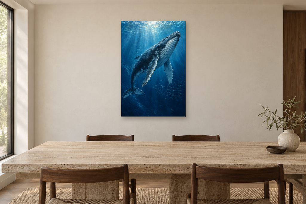Whale Song in a dining room — interior mockup with the complete original artwork