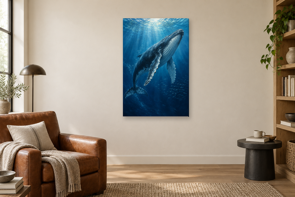 Whale Song in a reading corner — interior mockup with the complete original artwork