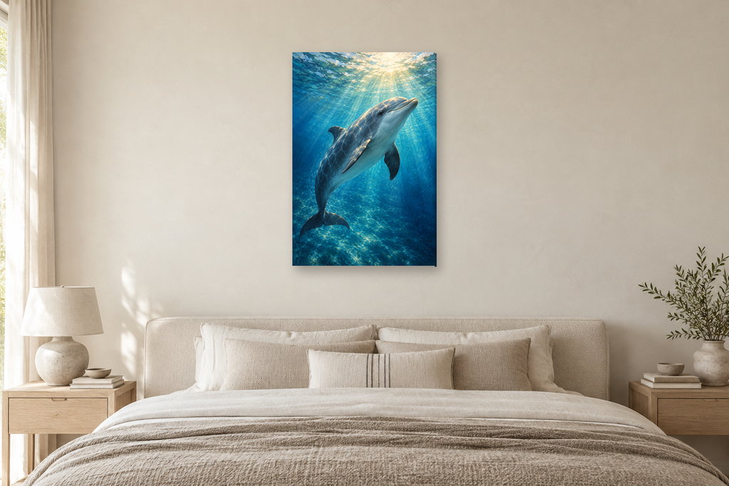 Dolphin Light in a bedroom — interior mockup with the complete original artwork