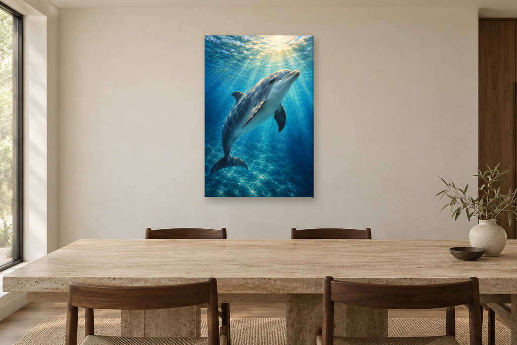 Dolphin Light in a dining room — interior mockup with the complete original artwork