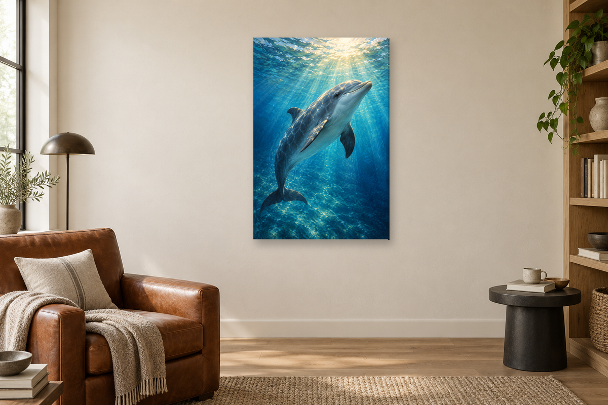 Dolphin Light in a reading corner — interior mockup with the complete original artwork