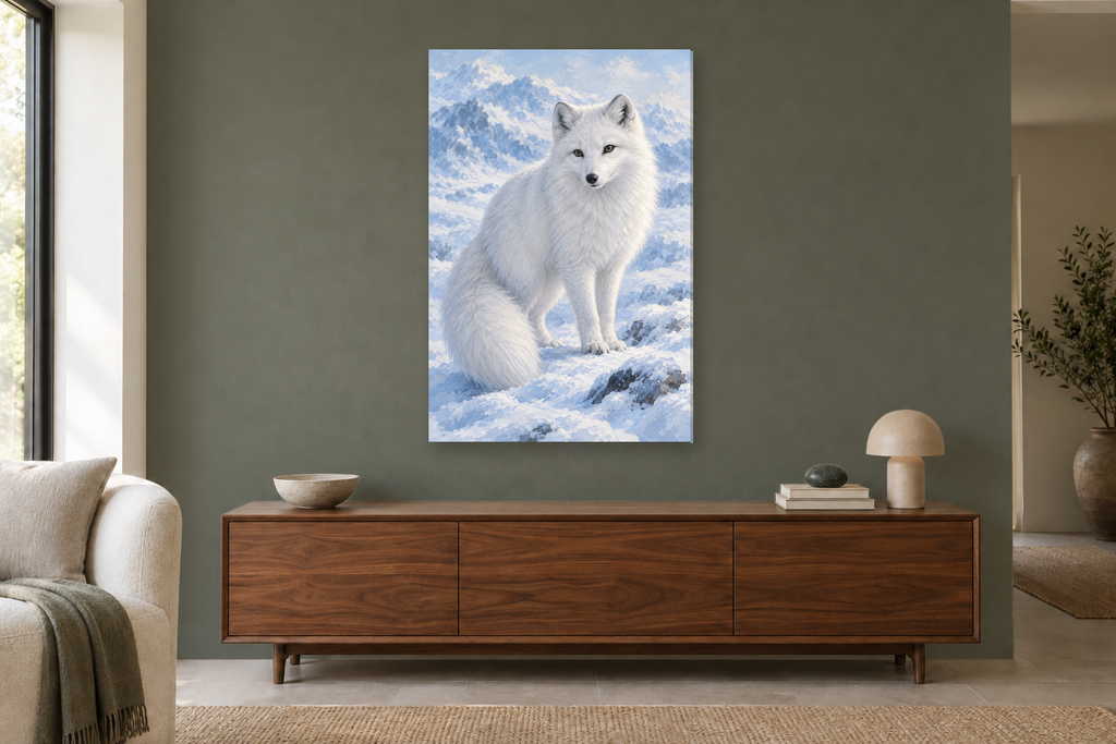 Arctic Fox in a living room — interior mockup with the complete original artwork