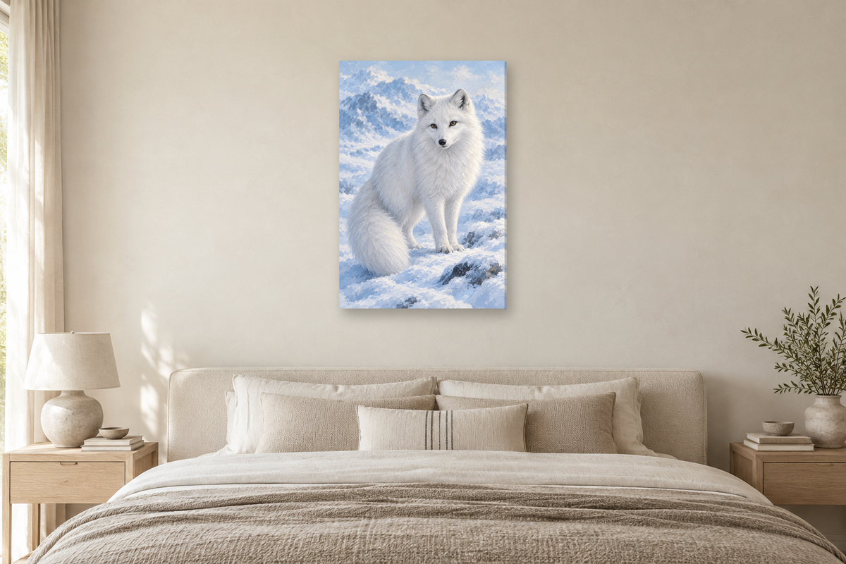 Arctic Fox in a bedroom — interior mockup with the complete original artwork