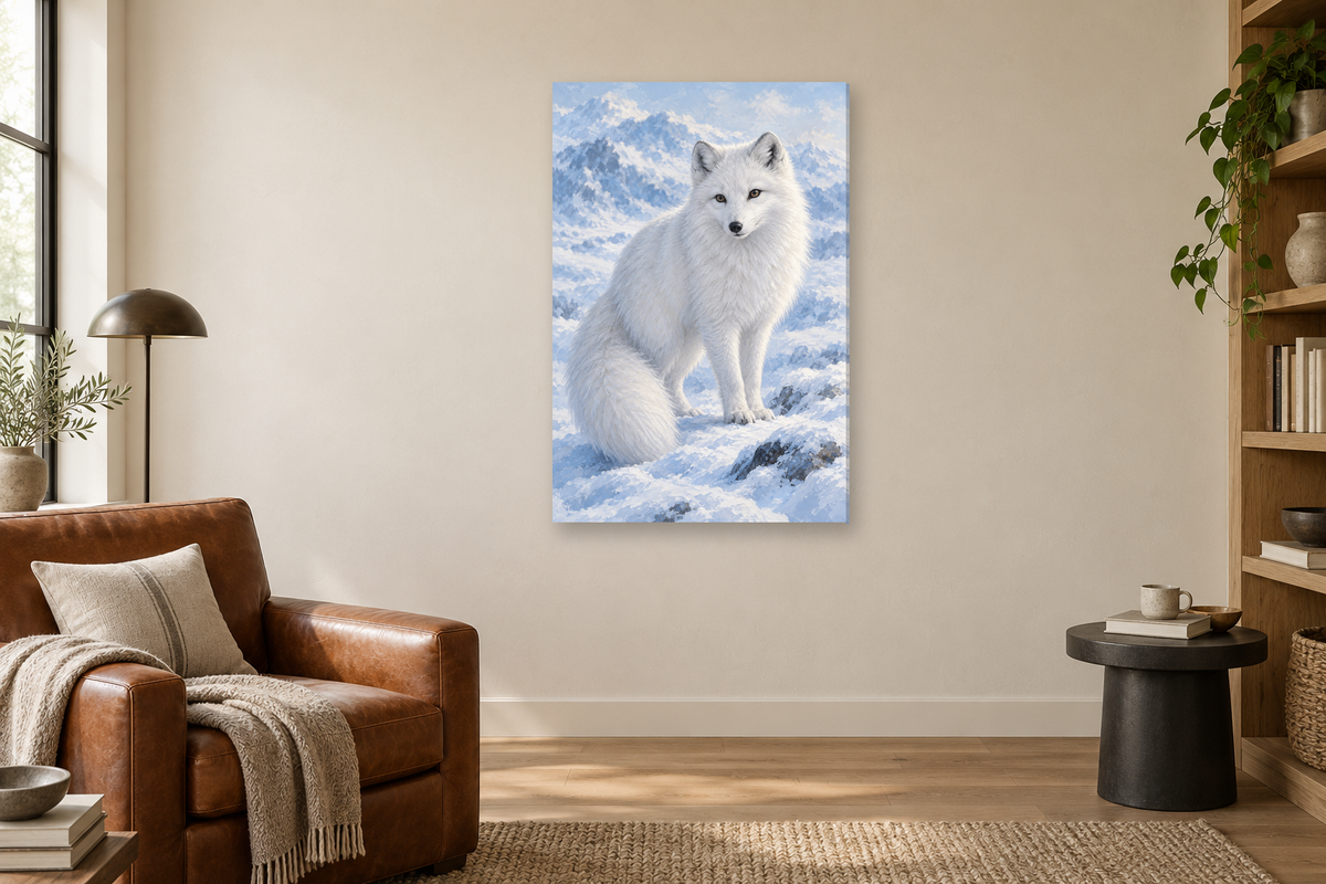 Arctic Fox in a reading corner — interior mockup with the complete original artwork