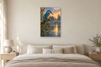 Kingfisher Moment in a bedroom — interior mockup with the complete original artwork