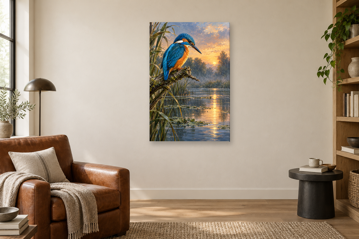 Kingfisher Moment in a reading corner — interior mockup with the complete original artwork