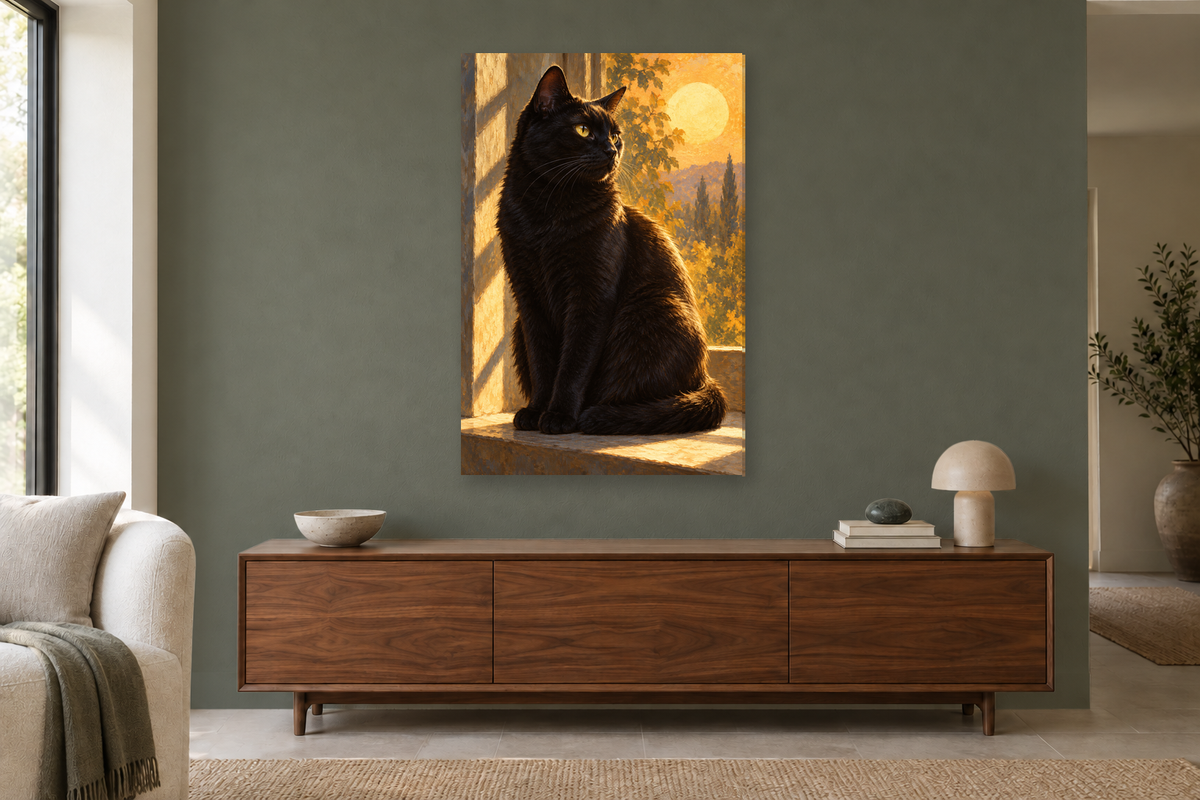 Black Cat Sun in a living room — interior mockup with the complete original artwork