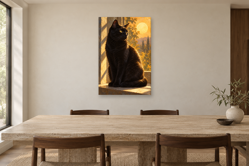 Black Cat Sun in a dining room — interior mockup with the complete original artwork