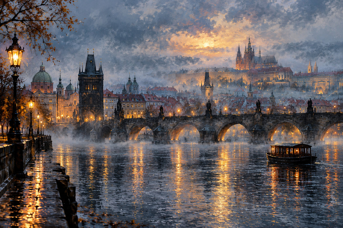 Prague River Mist — original horizontal canvas artwork