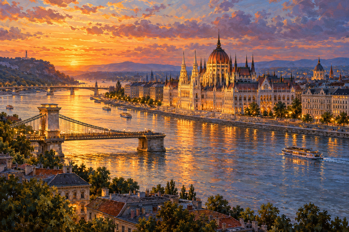 Budapest Twilight — original horizontal canvas artwork