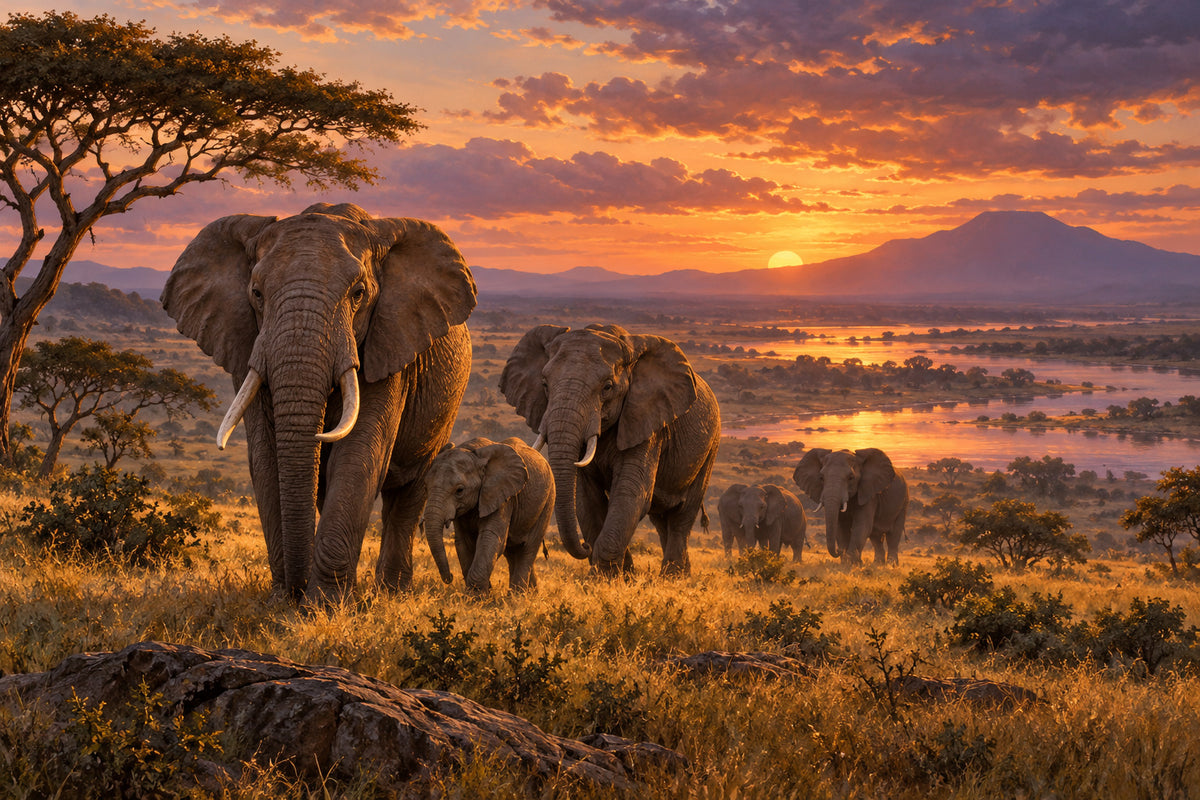Elephants At Dusk — original horizontal canvas artwork