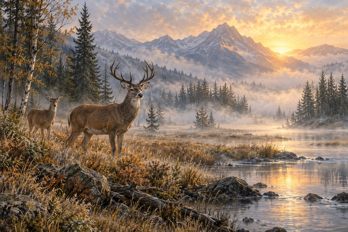 Deer In Morning Mist — original horizontal canvas artwork
