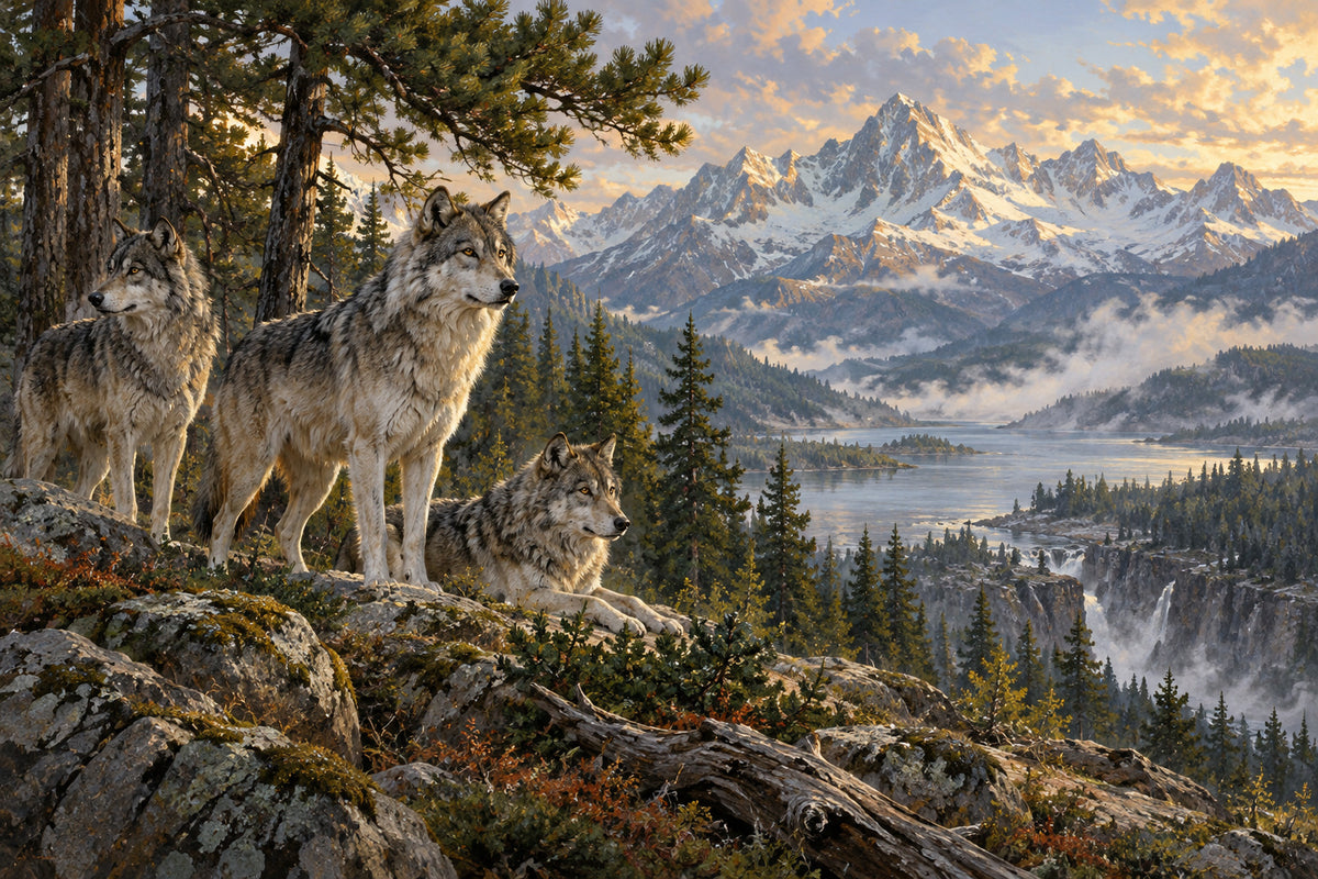 Wolves Beneath Pines — original horizontal canvas artwork