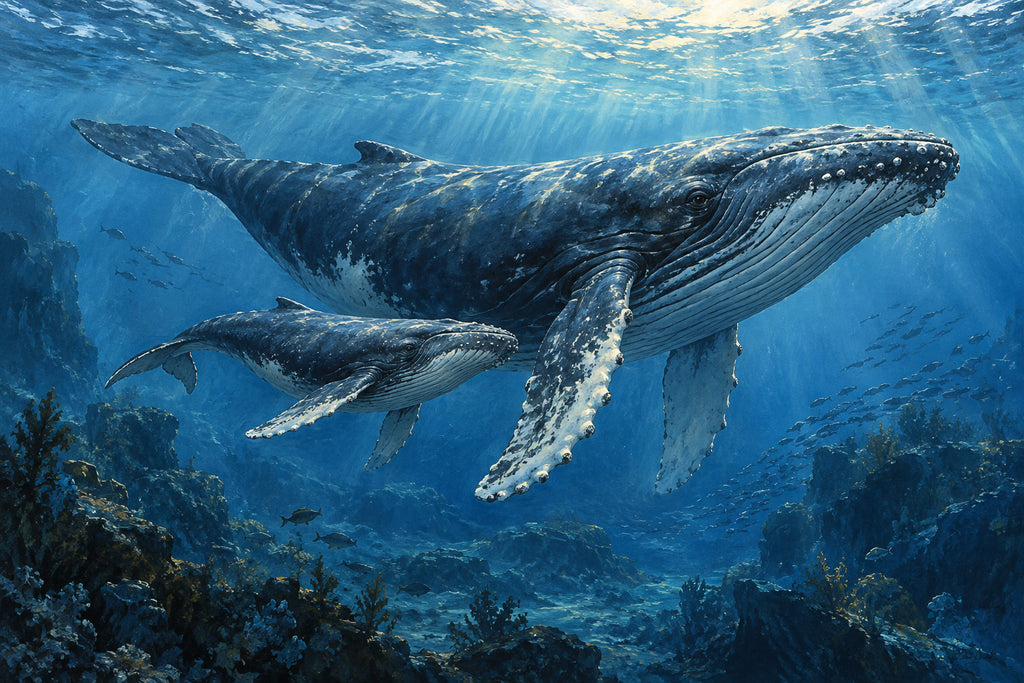 Whales Below Blue — original horizontal canvas artwork