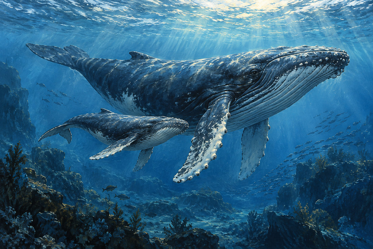 Whales Below Blue — original horizontal canvas artwork