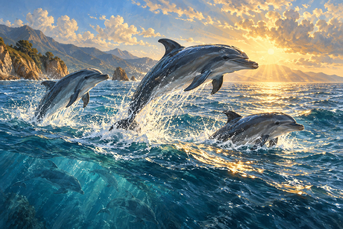 Dolphins In Sunlight — original horizontal canvas artwork