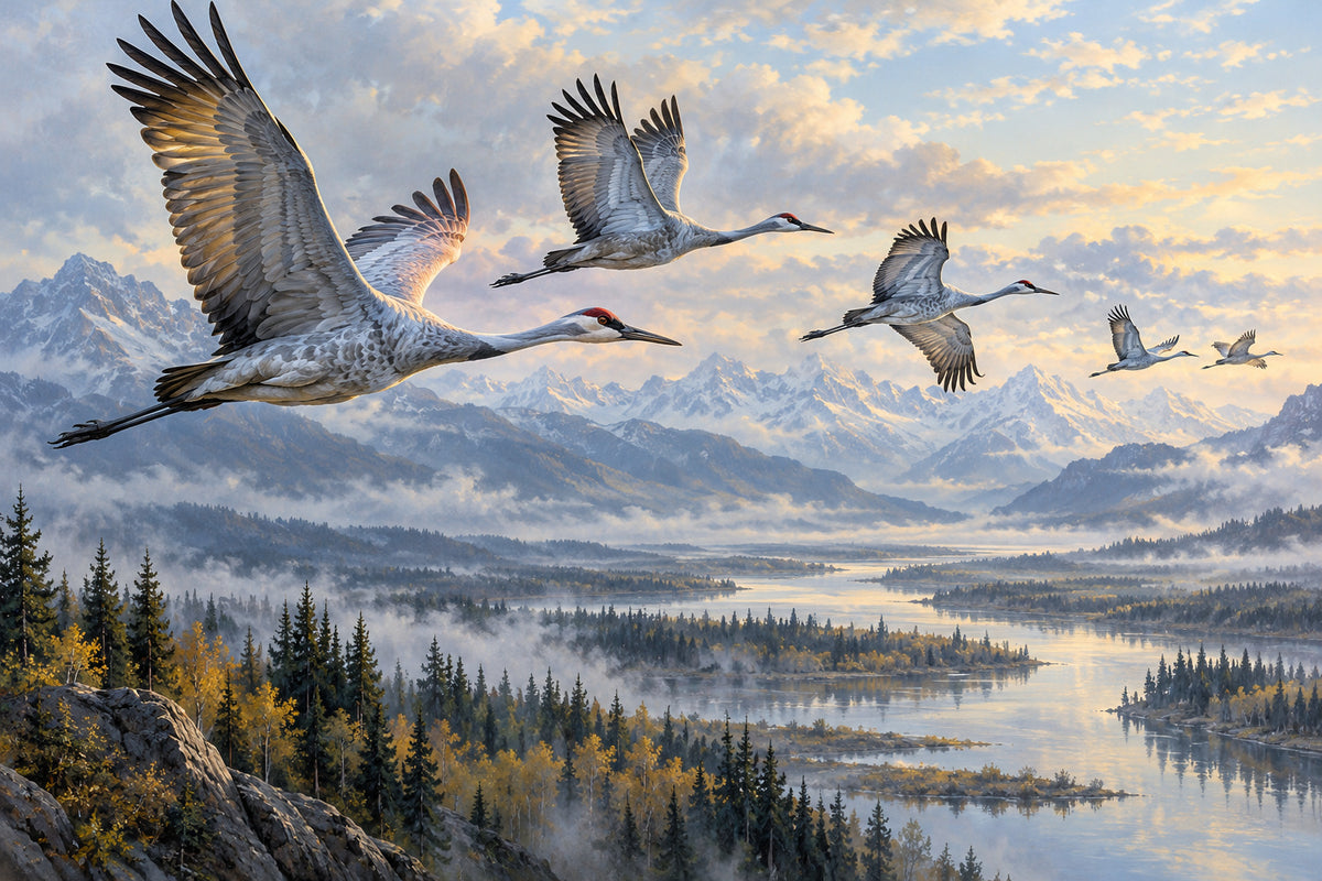 Cranes In Flight — original horizontal canvas artwork