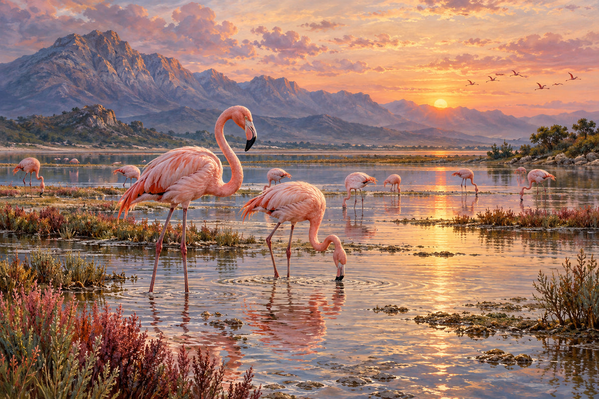 Flamingo Lagoon — original horizontal canvas artwork