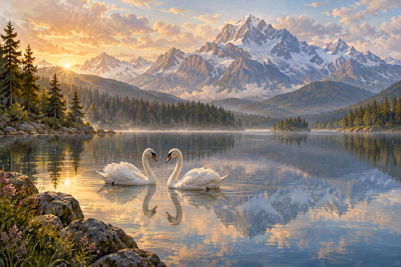 Swans On Still Water — original horizontal canvas artwork