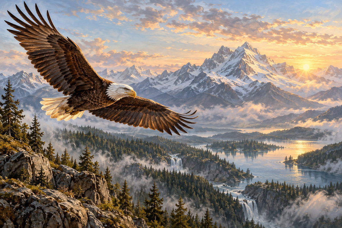 Eagle Over Mountains — original horizontal canvas artwork