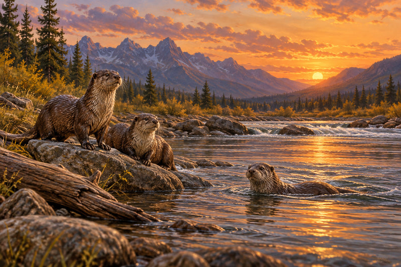 Otters At The River — original horizontal canvas artwork