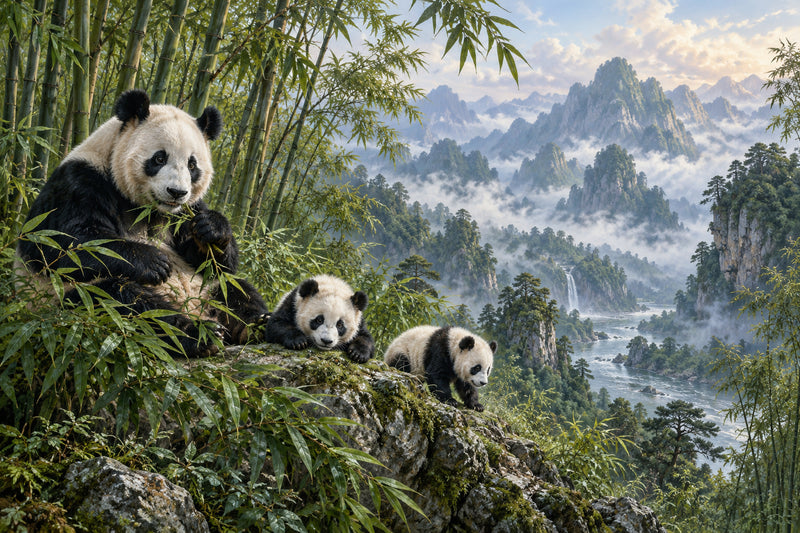 Pandas In Bamboo — original horizontal canvas artwork