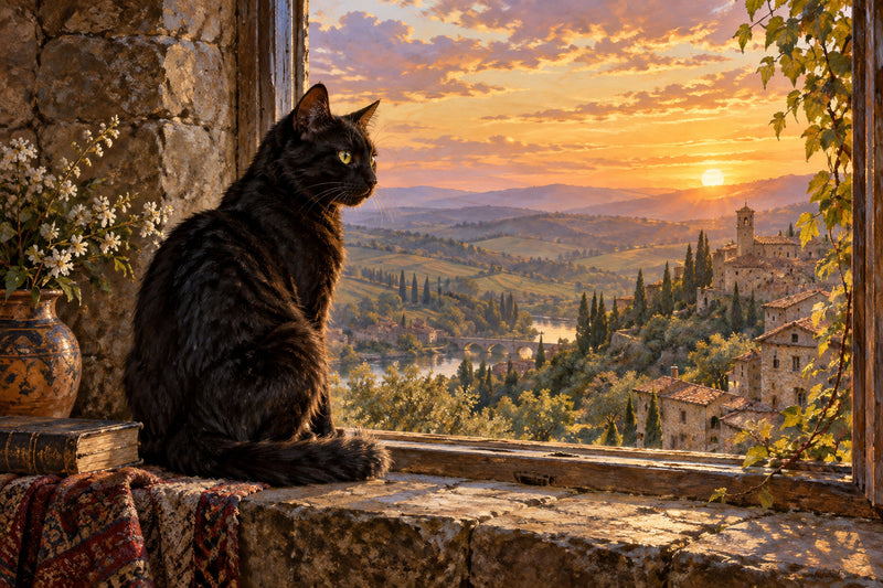 Black Cat Window — original horizontal canvas artwork
