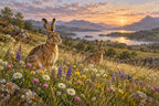 Hares In Wildflowers — original horizontal canvas artwork