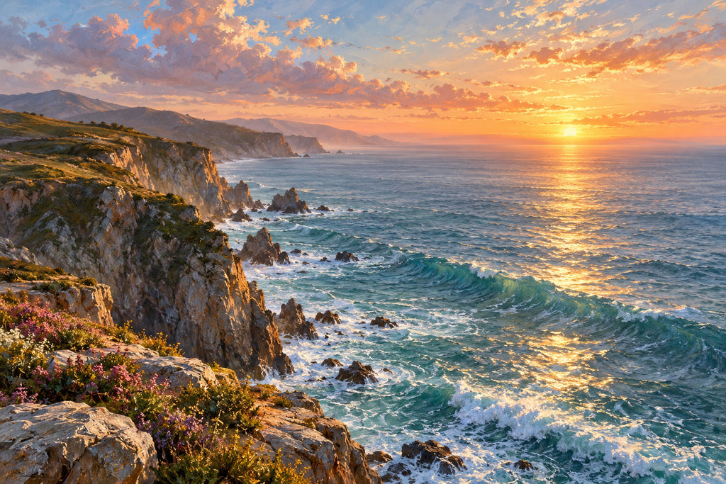 Cliffside Dawn — original horizontal canvas artwork