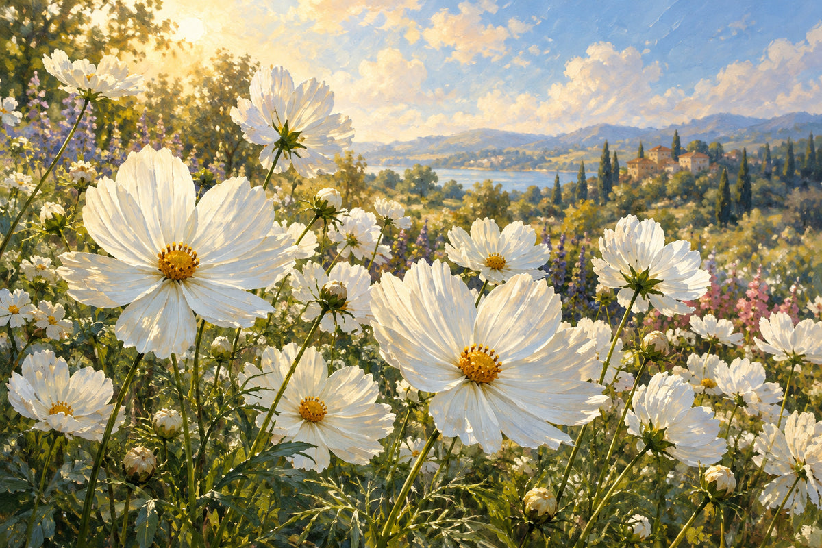 White Cosmos Field — original horizontal canvas artwork